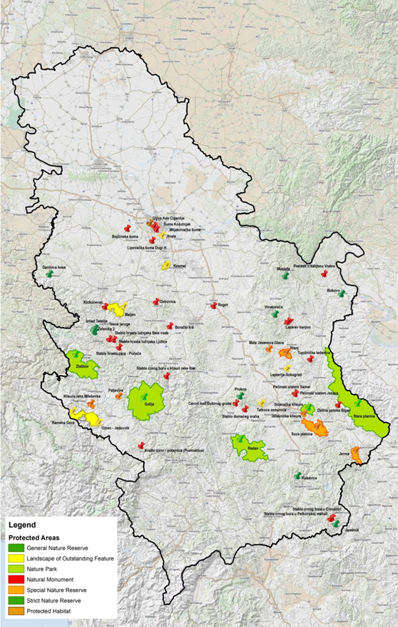 Map of protected areas in Serbia