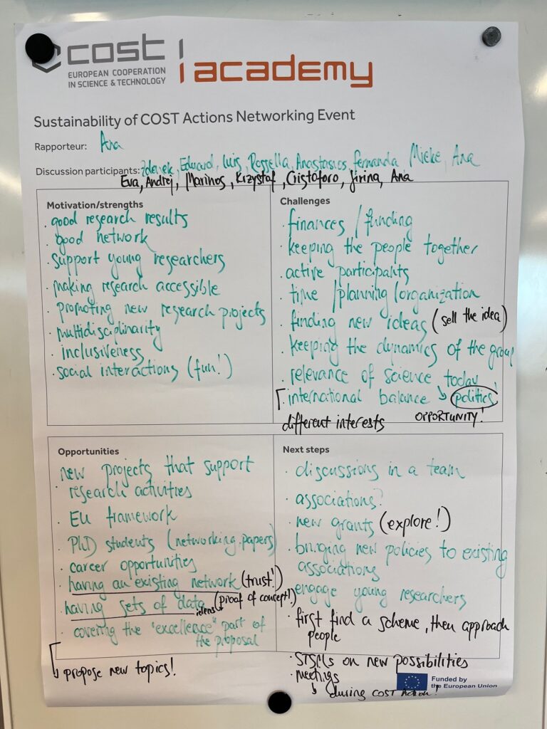 Discussion brainstorm chart at COST Academy - Sustainability of COST Actions Networking Event